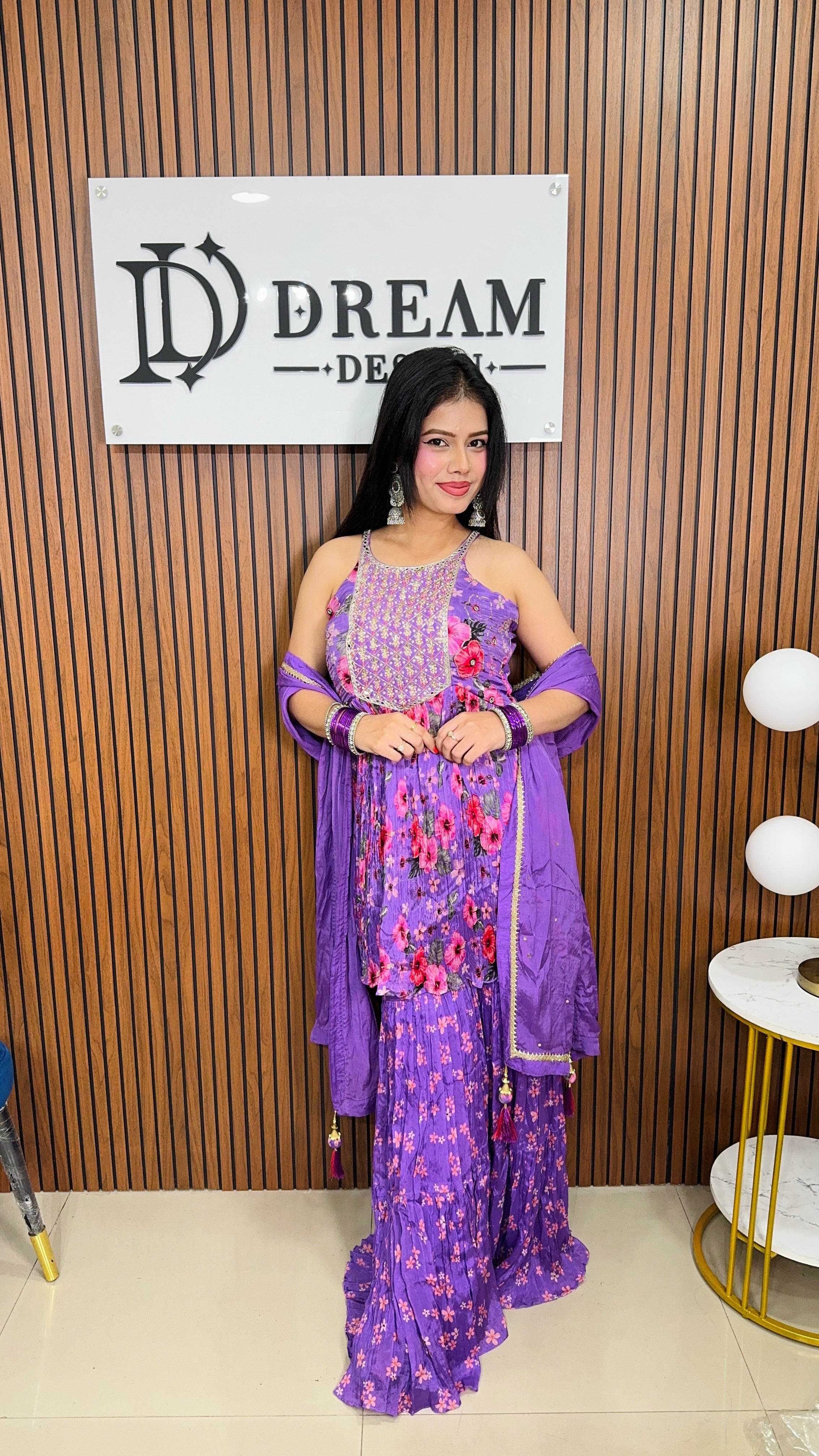 Dream Design Purple Floral Print Sharara Suit Set with Embroidered Yoke, Sleeveless Kurta