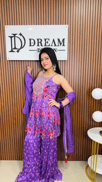 Dream Design Purple Floral Print Sharara Suit Set with Embroidered Yoke, Sleeveless Kurta