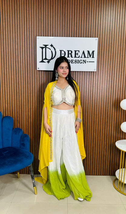 Dream Design Women's Designer Indo-Western Outfit - White Crop Top & Palazzo with Vibrant Yellow Dupatta