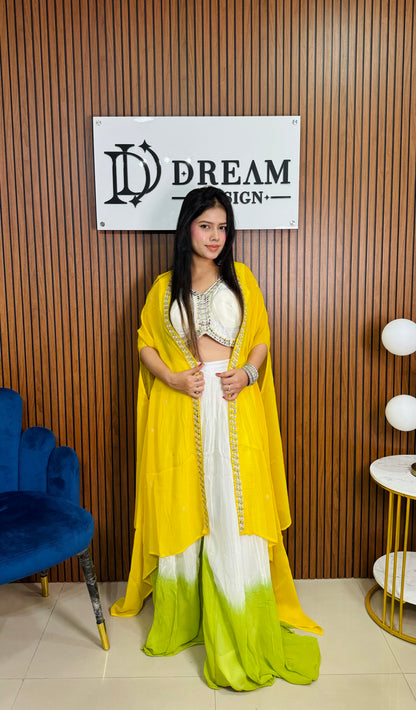 Dream Design Women's Designer Indo-Western Outfit - White Crop Top & Palazzo with Vibrant Yellow Dupatta