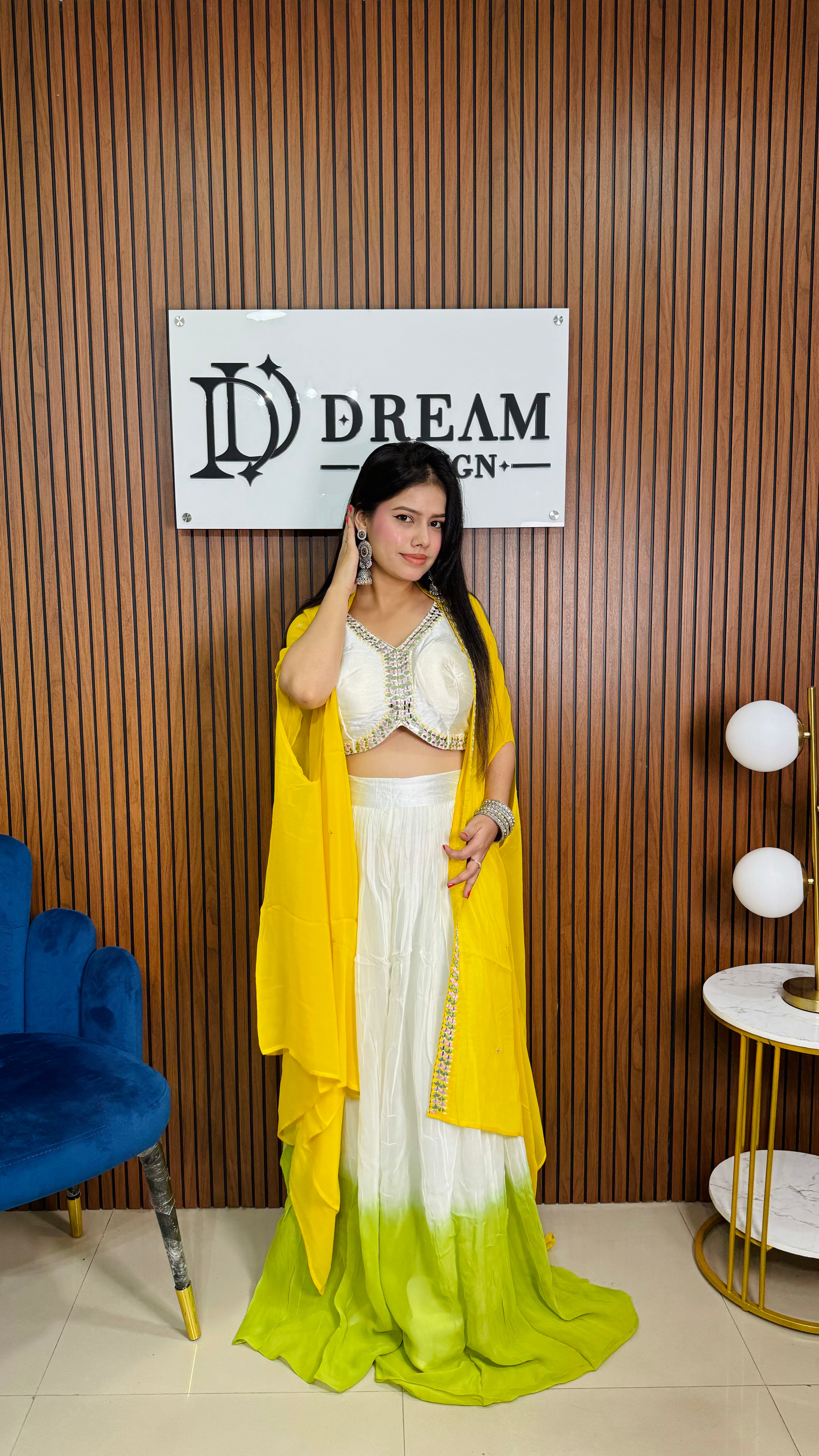 Dream Design Women's Designer Indo-Western Outfit - White Crop Top & Palazzo with Vibrant Yellow Dupatta