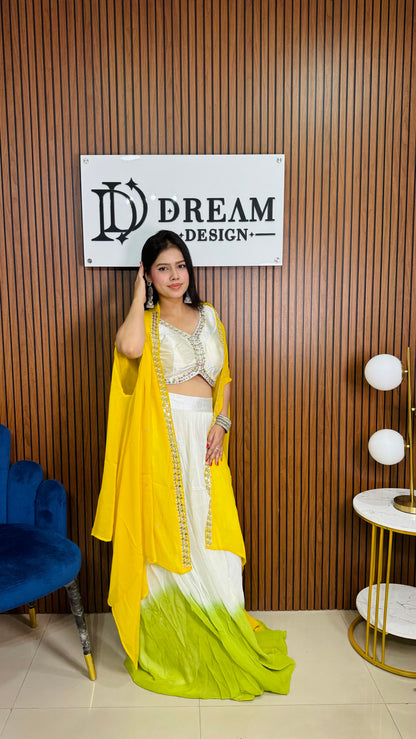 Dream Design Women's Designer Indo-Western Outfit - White Crop Top & Palazzo with Vibrant Yellow Dupatta