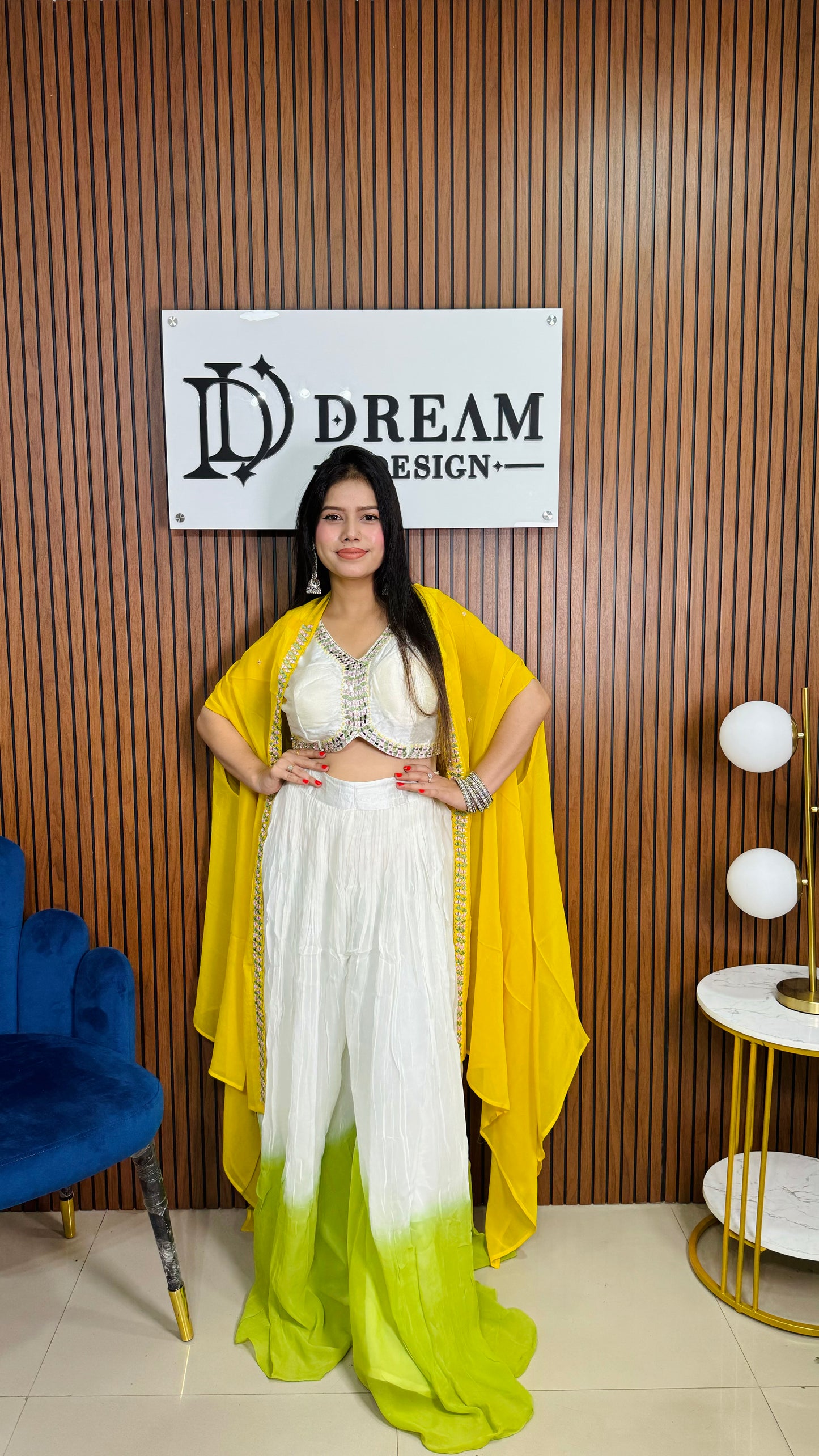 Dream Design Women's Designer Indo-Western Outfit - White Crop Top & Palazzo with Vibrant Yellow Dupatta