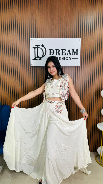 Dream Design Stylish White Palazzo Set with Embroidered Jacket, Perfect for Parties and Festivals