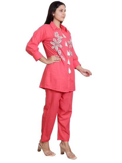 Dream Design Stylish Cotton Co-ord Set with Tassel & Stone Embellished Shirt – Collar Neck & Matching Pants