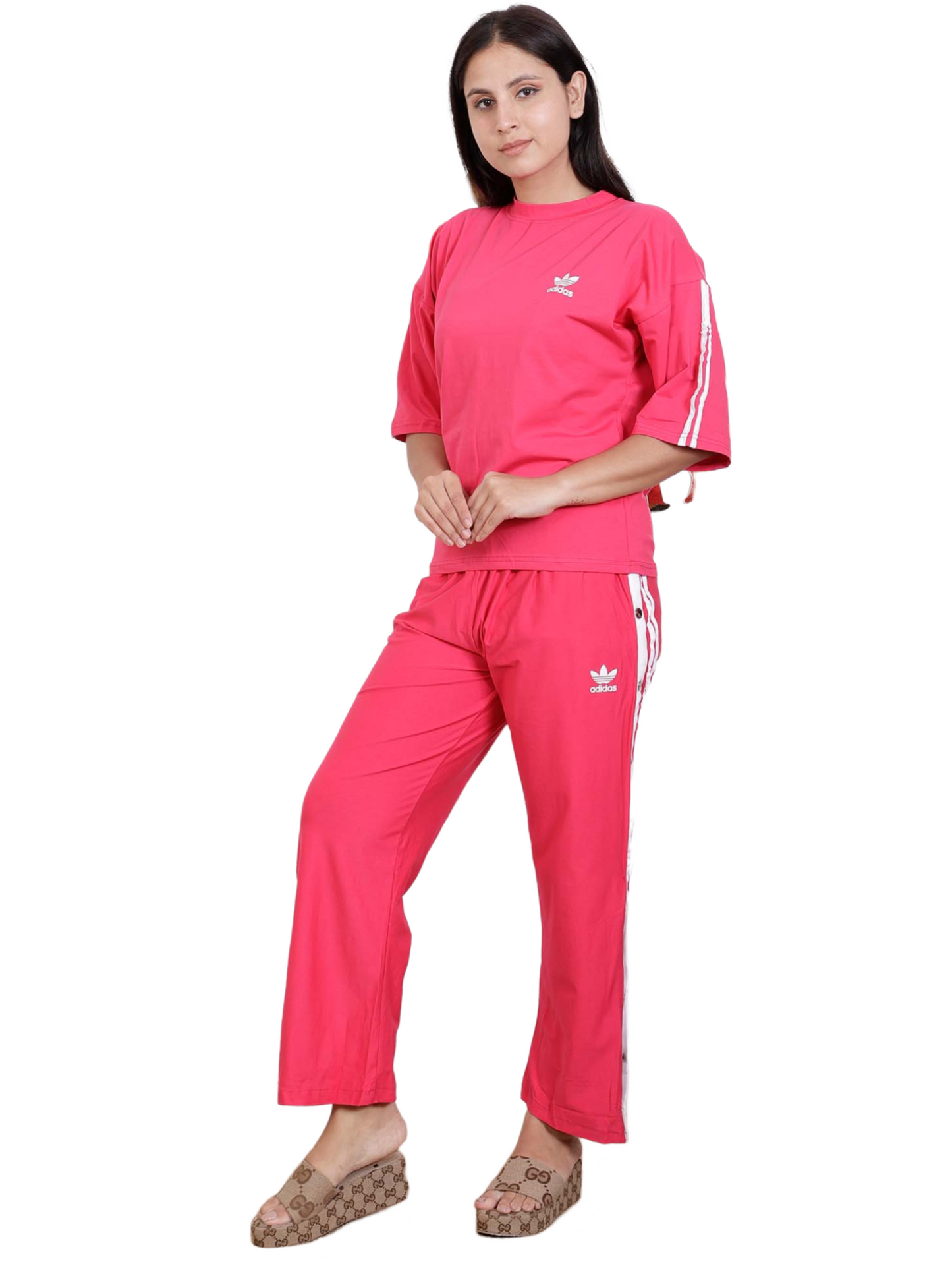 Dream Design Women's Tracksuit – High Neck Half Sleeve Top with Snap-Button Side Striped Joggers