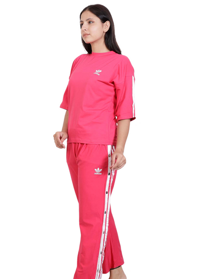 Dream Design Women's Tracksuit – High Neck Half Sleeve Top with Snap-Button Side Striped Joggers