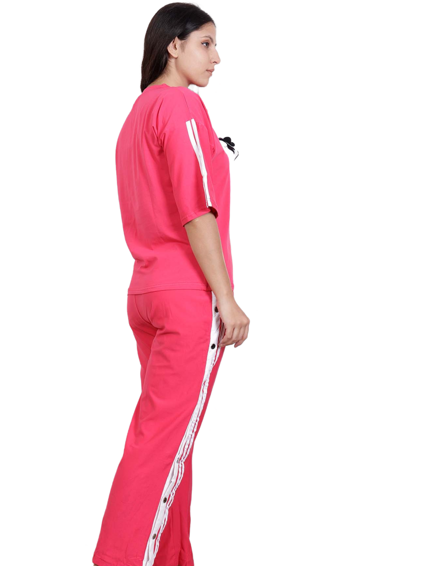 Dream Design Women's Tracksuit – High Neck Half Sleeve Top with Snap-Button Side Striped Joggers