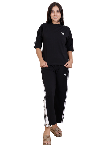 Dream Design Women's Tracksuit – High Neck Half Sleeve Top with Snap-Button Side Striped Joggers