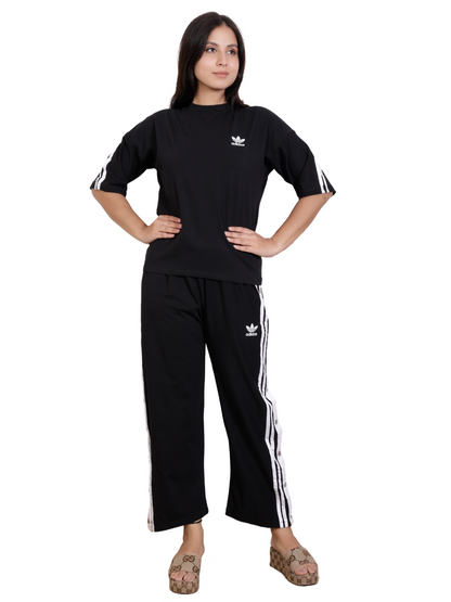 Dream Design Women's Tracksuit – High Neck Half Sleeve Top with Snap-Button Side Striped Joggers