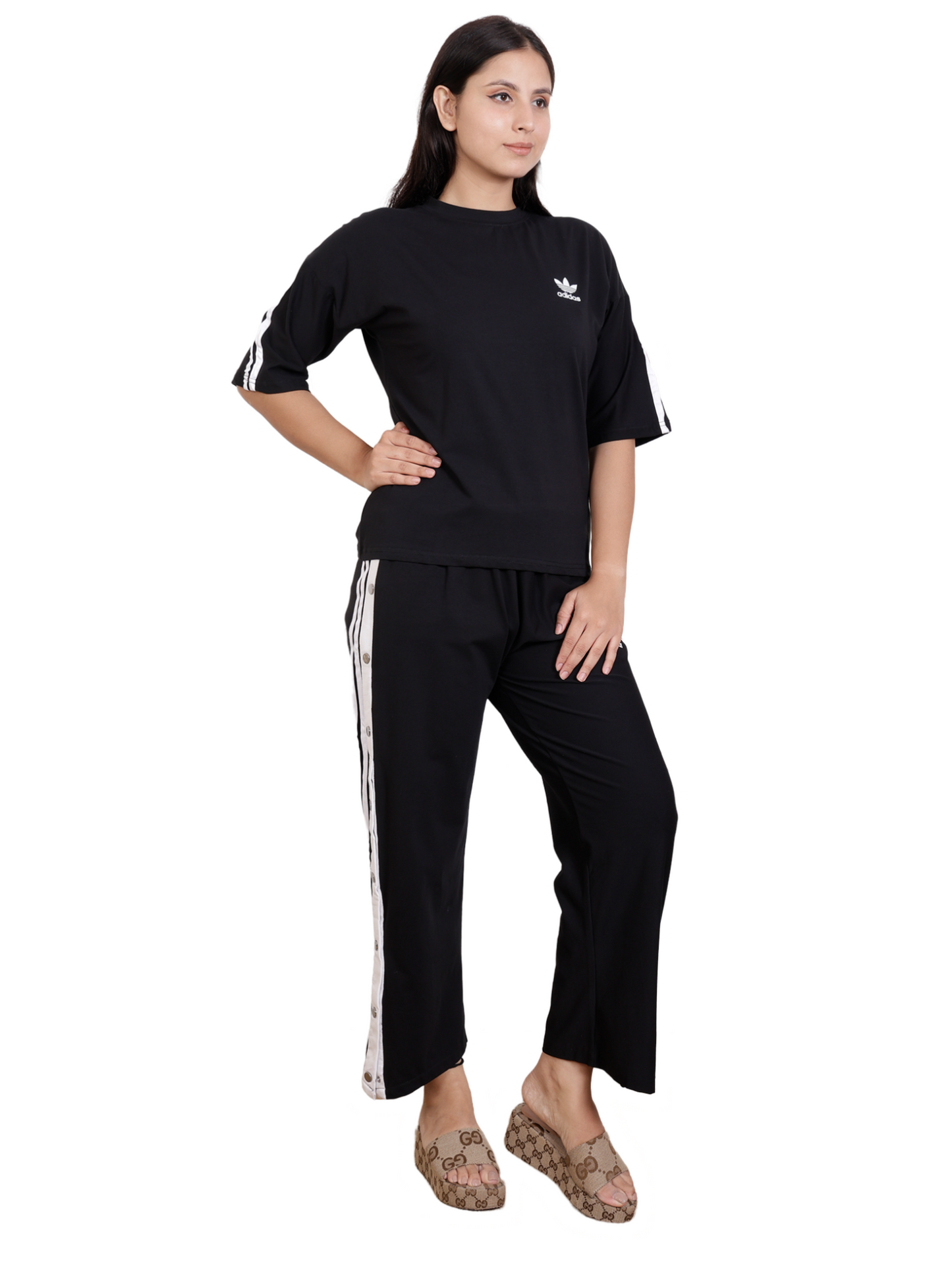 Dream Design Women's Tracksuit – High Neck Half Sleeve Top with Snap-Button Side Striped Joggers