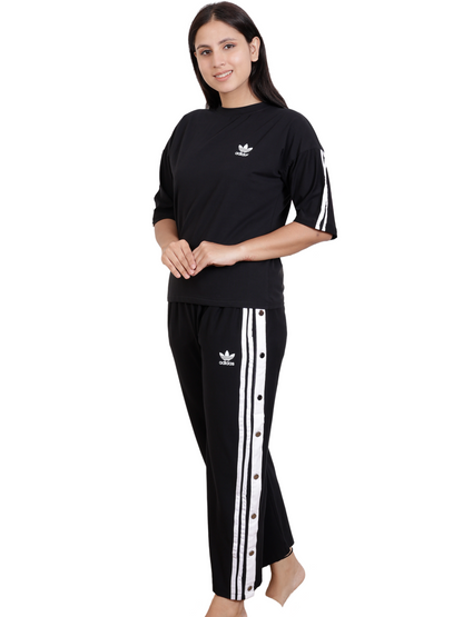 Dream Design Women's Tracksuit – High Neck Half Sleeve Top with Snap-Button Side Striped Joggers