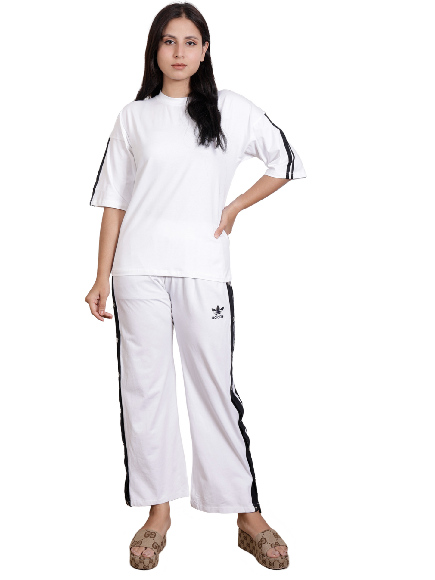 Dream Design Women's Tracksuit – High Neck Half Sleeve Top with Snap-Button Side Striped Joggers