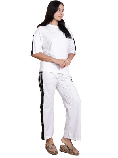 Dream Design Women's Tracksuit – High Neck Half Sleeve Top with Snap-Button Side Striped Joggers