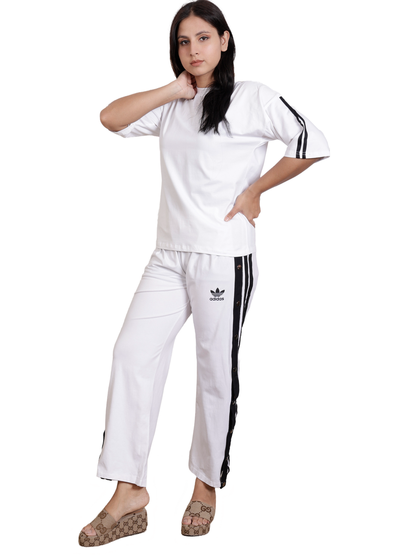 Dream Design Women's Tracksuit – High Neck Half Sleeve Top with Snap-Button Side Striped Joggers