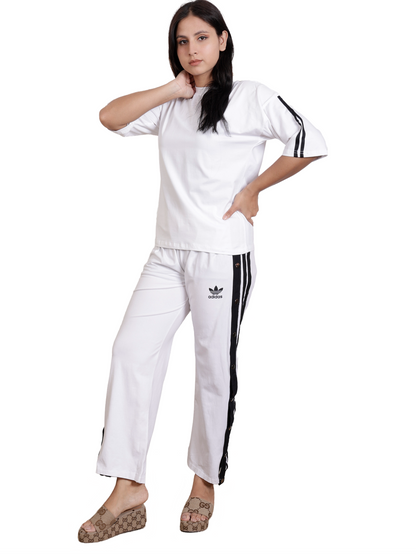 Dream Design Women's Tracksuit – High Neck Half Sleeve Top with Snap-Button Side Striped Joggers