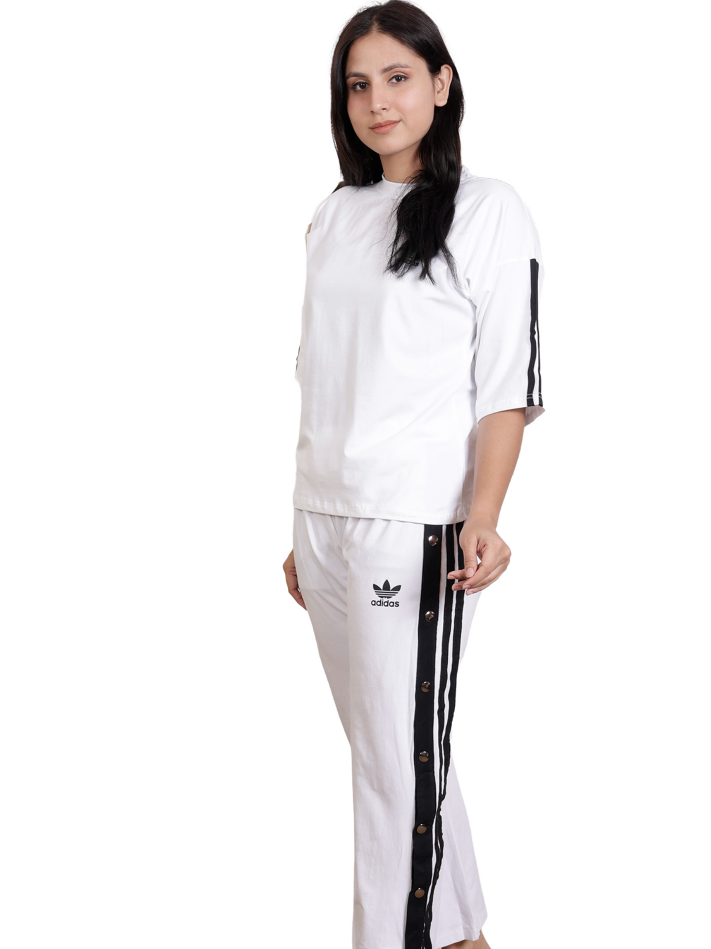 Dream Design Women's Tracksuit – High Neck Half Sleeve Top with Snap-Button Side Striped Joggers