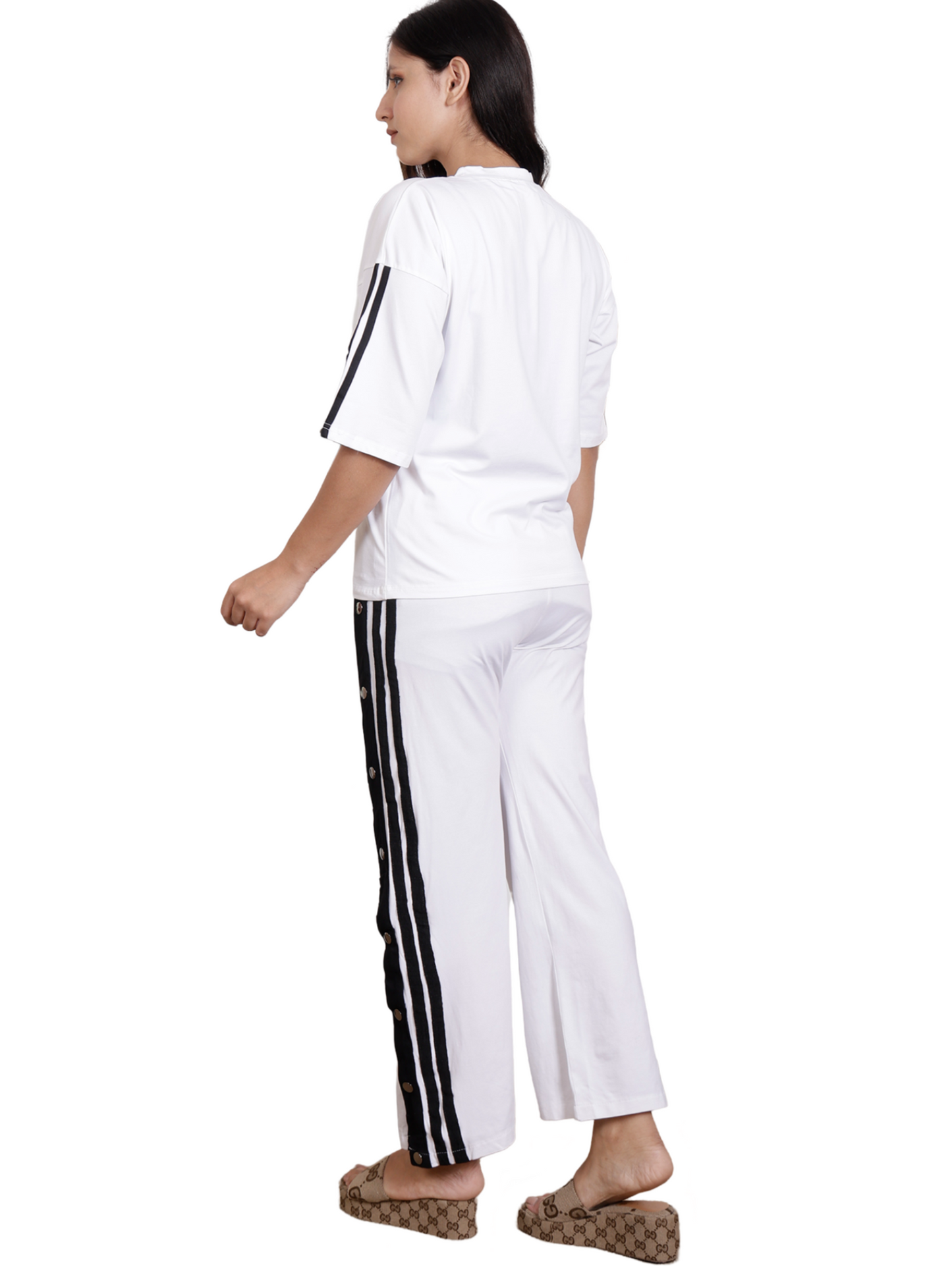 Dream Design Women's Tracksuit – High Neck Half Sleeve Top with Snap-Button Side Striped Joggers