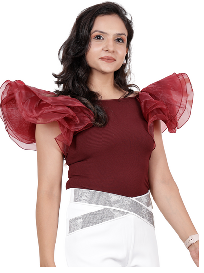 Dream Design Women's Organza Ruffle Sleeve Top – Stylish Ribbed Fitted Top for Party, Casual