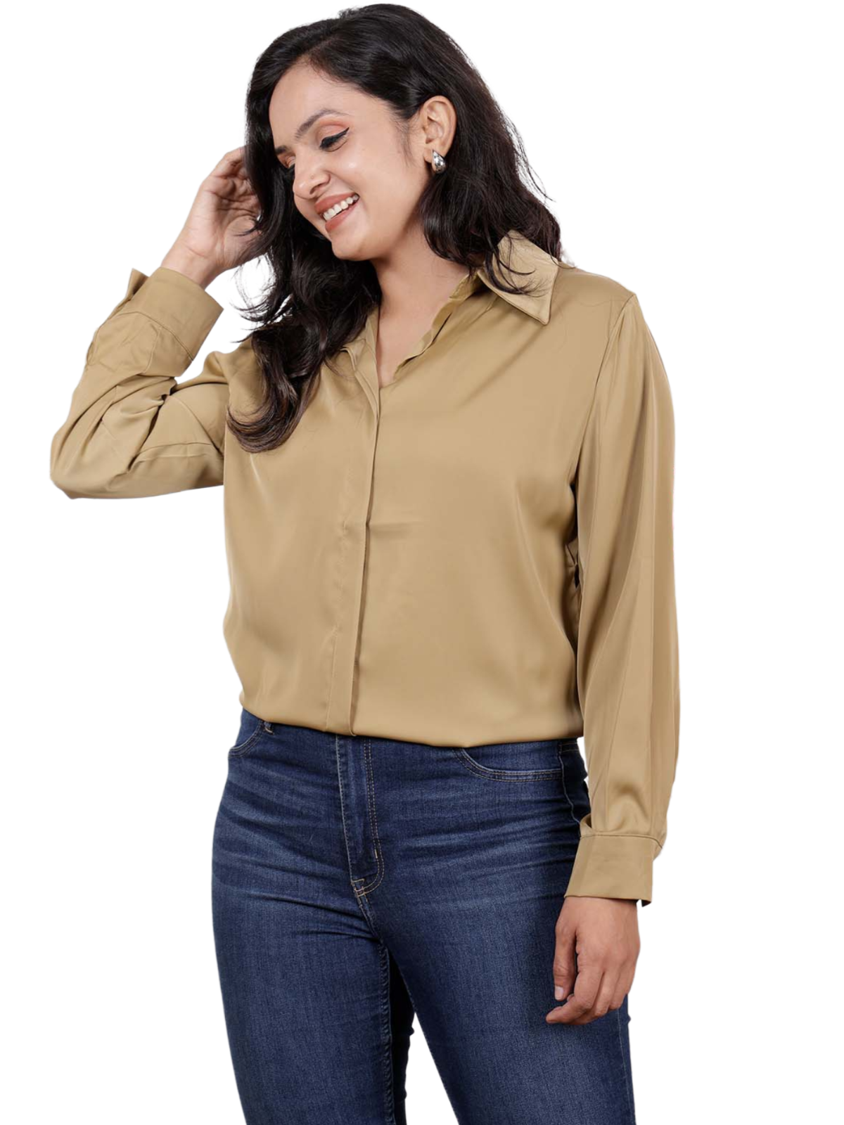 Dream Design Women's Satin Collared Long Sleeve Shirt – Elegant Buttonless Blouse for Casual & Formal Wear – Smooth & Lightweight Dressy Top