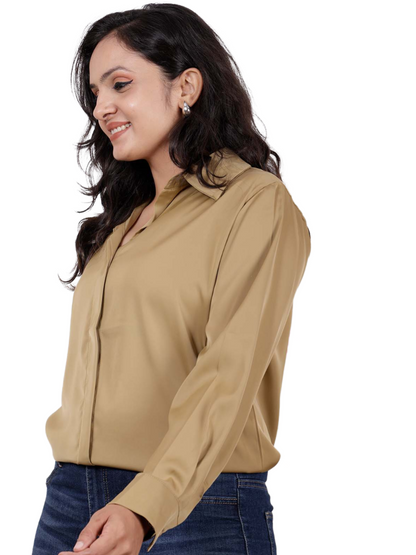 Dream Design Women's Satin Collared Long Sleeve Shirt – Elegant Buttonless Blouse for Casual & Formal Wear – Smooth & Lightweight Dressy Top