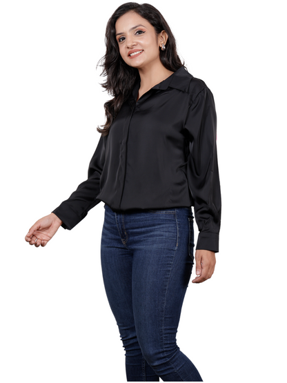 Dream Design Women's Satin Collared Long Sleeve Shirt – Elegant Buttonless Blouse for Casual & Formal Wear – Smooth & Lightweight Dressy Top