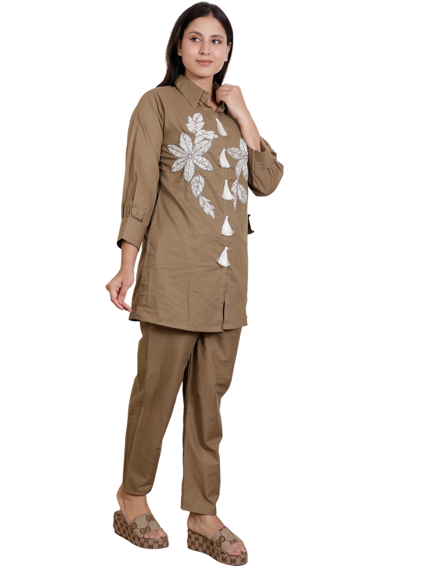 Dream Design Stylish Cotton Co-ord Set with Tassel & Stone Embellished Shirt – Collar Neck & Matching Pants